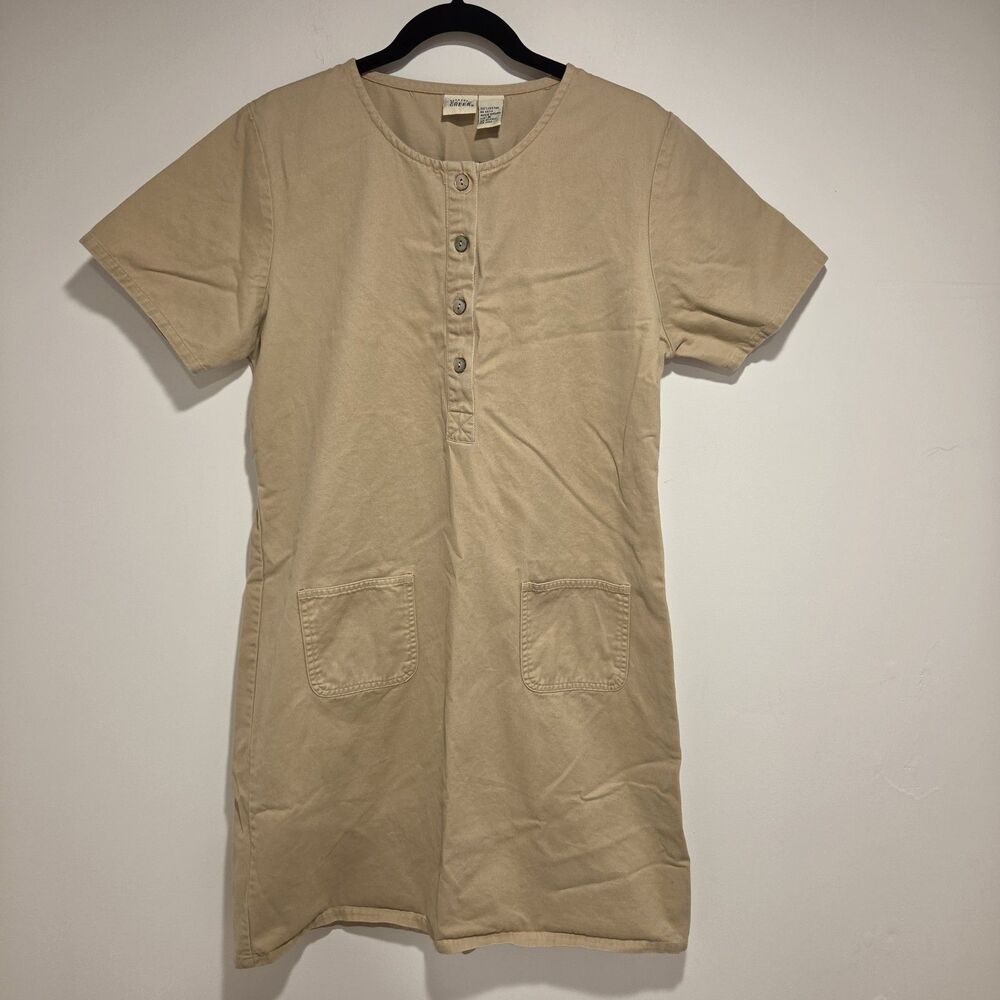 Vintage 90s Khaki Shirt Dress Medium 100% Cotton Safari Y2K Boxy Utility Mini
